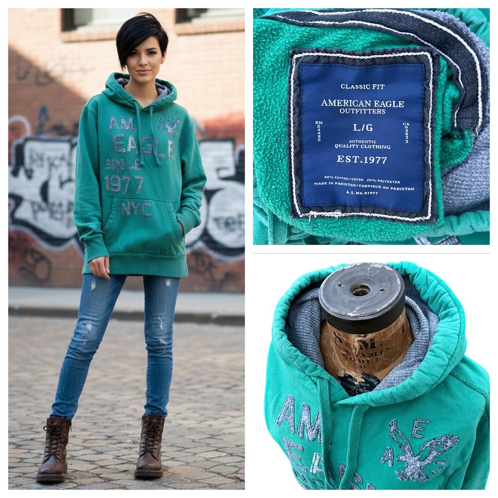 American Eagle Distressed Graphic Hoodie Women's‎ Teal Oversized L Grunge Rugged